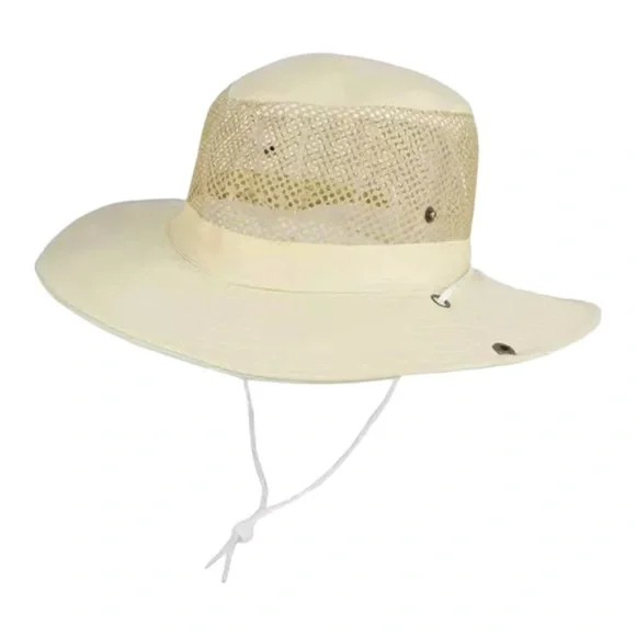 Beige Wide-Brim Outdoor Hat – Mesh Ventilation & Chin Strap - Picture 3 of 10